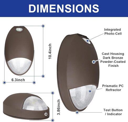 OSTEK LED ضوء الطوارئ مع مستشعر الخلايا الكهروضوئية الاحتياطية للبطارية، IP65 12W LED حزمة الجدار الخارجية لتركيبات الإضاءة في حالات الطوارئ 5000K 120-277VAC، تشخيص الاختبار الذاتي، غلاف من الألومنيوم، معتمد من UL in Kuwait