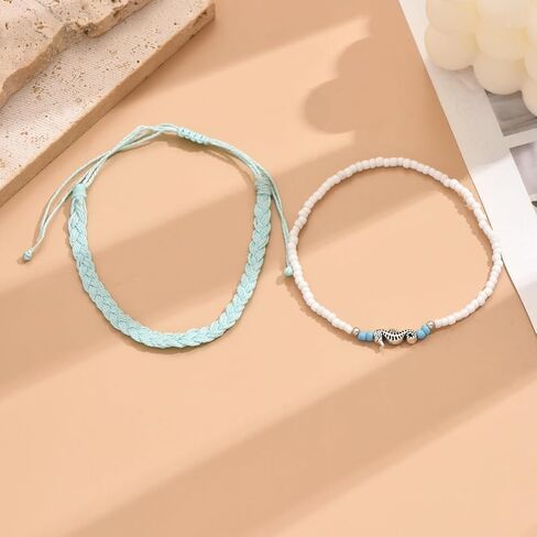Bohemian Braided & Beaded Anklet Set with Seahorse Charm – Adjustable 2-Piece Foot Jewelry, Blue & White in Saudi Arabia