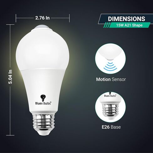 Bluex Bulbs 3 Pack Motion Sensor LED Light Bulb A21, 15W 1300 Lumens, Warm White 3000K, Automatic On/Off Security Light, E26 Medium Base Indoor & Outdoor Use, 120V (3000K - Warm White) in Saudi Arabia