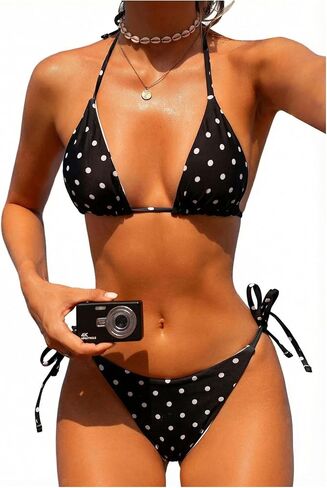 WDIRARA Women's Polka Dots 2 Piece Bikini Sets Halter Swimsuit Bathing Suit Black and White X-Large in Saudi Arabia