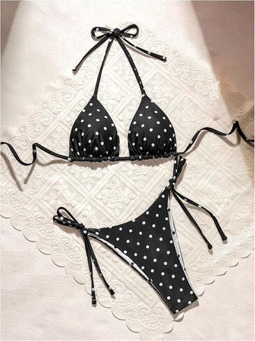 WDIRARA Women's Polka Dots 2 Piece Bikini Sets Halter Swimsuit Bathing Suit Black and White X-Large in Saudi Arabia