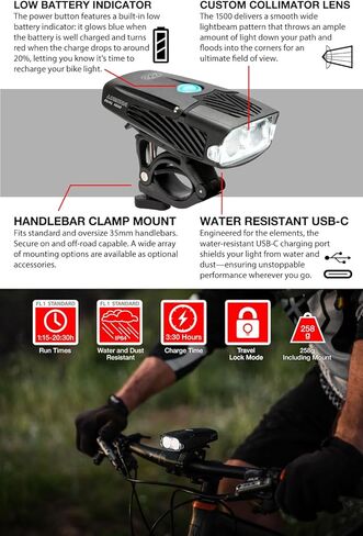 NiteRider Lumina Dual 1500 Lumen USB-C Rechargeable Dual LED Front Bike Light - 7 Modes Powerful Lumens IP64 Waterproof Bike Headlight Easy Mount Single Button Control MTB, Trail, Enduro, Road Cycling in Saudi Arabia