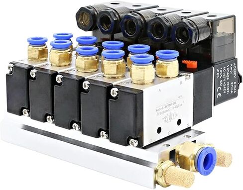 4V210-08 Pneumatic Solenoid Valve Block DC12/24V With Muffler Fitting Base Manifold 2/3/4/6 Way 1Pcs(5 Row 12mm fitting,DC24V) in Saudi Arabia