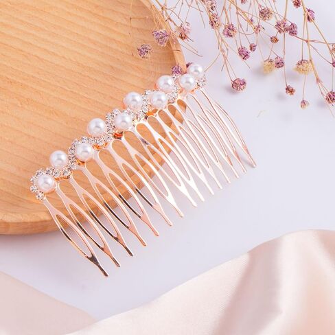 مشط جانبي لشعر الزفاف من PAGOW Pearl، 15 مشط شعر جانبي للأسنان لشعر سميك، قطع شعر زفاف من حجر الراين اللؤلؤي، إكسسوارات شعر كريستال للنساء والفتيات (3.14 × 1.77 بوصة، ذهبي وردي) مجموعة من 2 in Saudi Arabia
