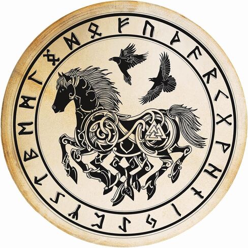 Terre Shaman Drum with Sleipnir, Hugin & Munin Design – 20" Norse Ritual Drum with Goatskin Head & Feather Ornament in Saudi Arabia