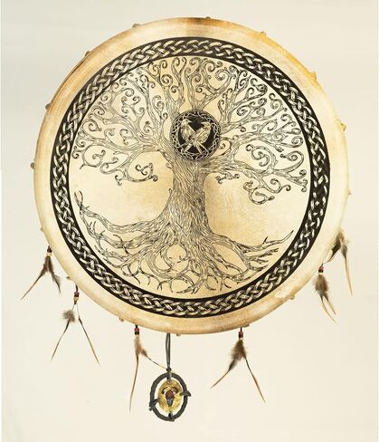 Terre Shaman Drum with Sleipnir, Hugin & Munin Design – 20" Norse Ritual Drum with Goatskin Head & Feather Ornament in Saudi Arabia