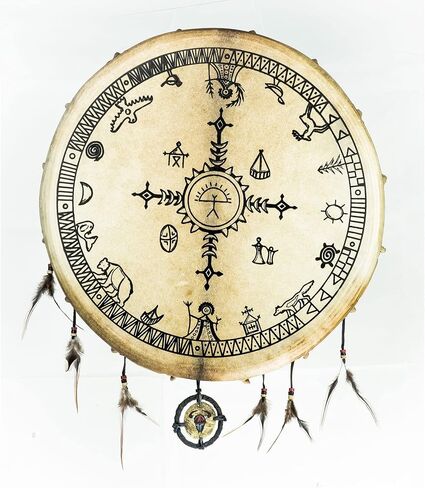 Terre Shaman Drum with Sleipnir, Hugin & Munin Design – 20" Norse Ritual Drum with Goatskin Head & Feather Ornament in Saudi Arabia