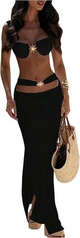 Women's 3 Piece Boho Bikini Sets Metal Thong Swimsuits with Cover Up Skirts Vacation Outfits in Saudi Arabia