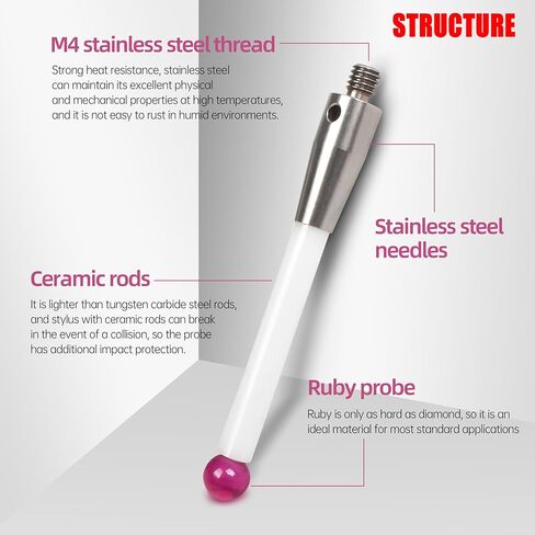 XUNKUNER CNC Probe Stylus M4 Thread، رأس كرة روبي 6 مم، طول 50 مم، جذع سيراميك صلب، دقة عالية 0.001 مم لمسبار اللمس CNC وCMM in Kuwait