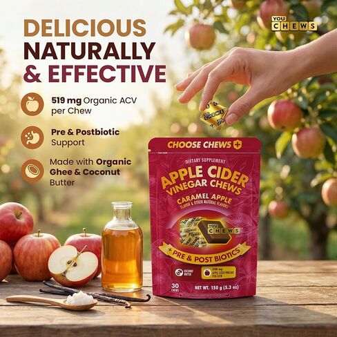 Apple Cider Vinegar Chews Better Than Apple Cider Gummies - Bloating Relief for Women and Men, 500mg Organic ACV with Prebiotics & Postbiotics, Low Sugar, Caramel Flavor, 30 Count in Saudi Arabia