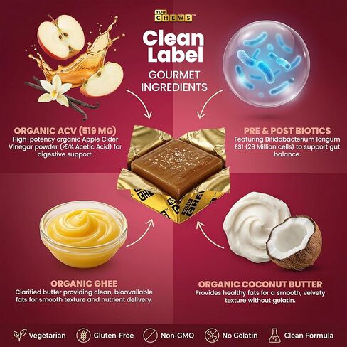 Apple Cider Vinegar Chews Better Than Apple Cider Gummies - Bloating Relief for Women and Men, 500mg Organic ACV with Prebiotics & Postbiotics, Low Sugar, Caramel Flavor, 30 Count in Saudi Arabia