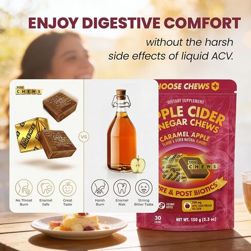 Apple Cider Vinegar Chews Better Than Apple Cider Gummies - Bloating Relief for Women and Men, 500mg Organic ACV with Prebiotics & Postbiotics, Low Sugar, Caramel Flavor, 30 Count in Saudi Arabia