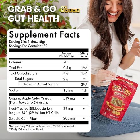 Apple Cider Vinegar Chews Better Than Apple Cider Gummies - Bloating Relief for Women and Men, 500mg Organic ACV with Prebiotics & Postbiotics, Low Sugar, Caramel Flavor, 30 Count in Saudi Arabia