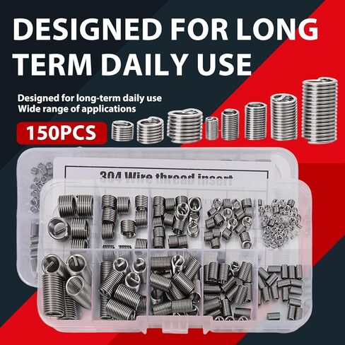 150Pcs/Box 304 Stainless Steel Thread Repair Kit with Helicoil Inserts for M3 M5 M6 M8 Automotive Maintenance Tools (Silver, 12.8x6.8x2.3cm) in Saudi Arabia
