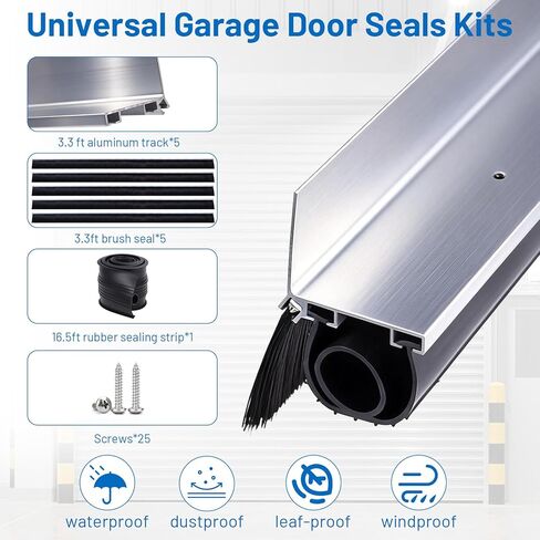 16.5FT Universal Garage Door Seals Kits，Weatherproofing Garage Door Brush Seal, U + O Heavy Duty Garage Door Seal Bottom,Aluminum Track Retainer Base and Brush Kit, Suitable for Steel、Wooden Doors in Kuwait