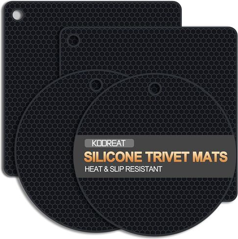 4 Pack Silicone Trivets for Hot Dishes, Heat-Resistant Non-Slip Hot Pads for Kitchen Countertops and Tables, Food-Grade Thick Silicone Mats (Black) in Saudi Arabia