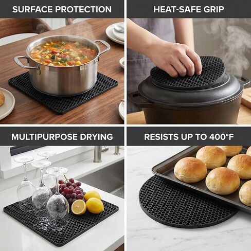 4 Pack Silicone Trivets for Hot Dishes, Heat-Resistant Non-Slip Hot Pads for Kitchen Countertops and Tables, Food-Grade Thick Silicone Mats (Black) in Saudi Arabia