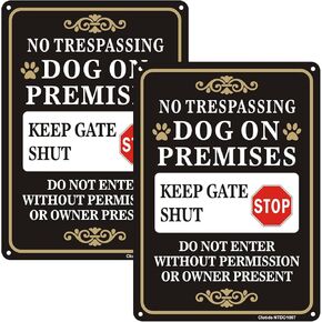 Dog On Premises No Trespassing Sign, Keep Gate Shut, 2 Pack 10 "x 7 " Metal Sturdy Rust Aluminum Sign, UV Resistant, Scratch, Waterproof and Weatherproof. Easy to Mount. (Black) in Kuwait