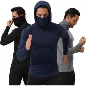 3 Pack Men's Hooded Long Sleeve Shirt with Face Mask Sun Protection Stretch Workout Shirt for Running Cycling Fishing in Saudi Arabia