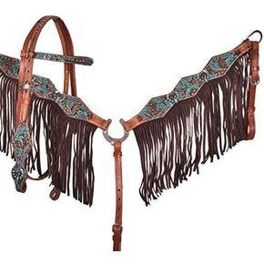 Showman Turquoise & Brown Floral Tooled Headstall & Breast Collar Set w/Fringe in Kuwait
