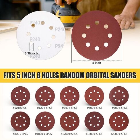 وسادة بديلة للصنفرة المدارية مقاس 5 بوصات متوافقة مع DeWalt DW420/DW421/DW422/DW423/DW426، وسادات صنفرة معدنية بحلقة خطافية 8 فتحات مع 50 قطعة من ورق الصنفرة للتلميع بنفسك (60-2000 حبيبة) in Kuwait