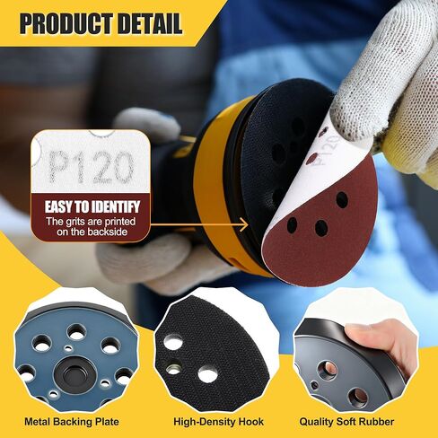وسادة بديلة للصنفرة المدارية مقاس 5 بوصات متوافقة مع DeWalt DW420/DW421/DW422/DW423/DW426، وسادات صنفرة معدنية بحلقة خطافية 8 فتحات مع 50 قطعة من ورق الصنفرة للتلميع بنفسك (60-2000 حبيبة) in Kuwait