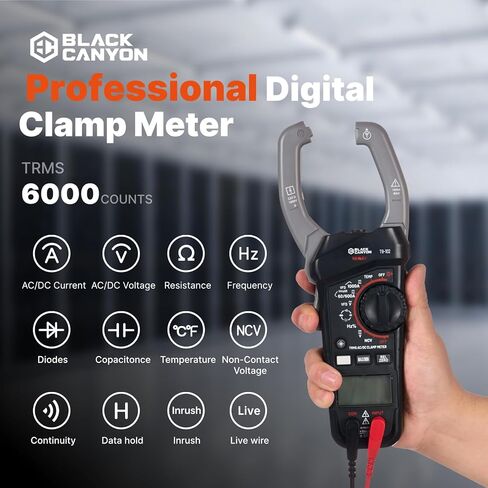 جهاز قياس المشبك الرقمي من بلاك كانيون - TRMS AC/DC Clamp Multimeter 1000A، مقياس أمبير، مقياس أمبير DC، تيار التدفق، الجهد الكهربي، المقاومة، السعة، الصمام الثنائي، درجة الحرارة، NCV، إضاءة خلفية LCD in Kuwait