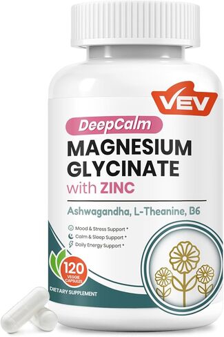 مكمل VEV Deep Calm Magnesium Glycinate والزنك مع فيتامين B6 والأشواغاندا وL-الثيانين - مكملات الكورتيزول لتحقيق التوازن اليومي - 120 كبسولة نباتية in Kuwait