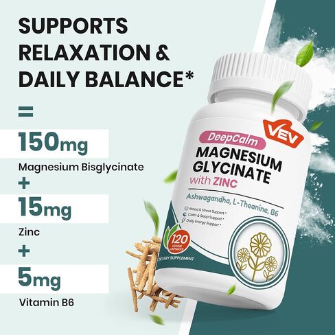 مكمل VEV Deep Calm Magnesium Glycinate والزنك مع فيتامين B6 والأشواغاندا وL-الثيانين - مكملات الكورتيزول لتحقيق التوازن اليومي - 120 كبسولة نباتية in Kuwait
