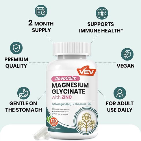 مكمل VEV Deep Calm Magnesium Glycinate والزنك مع فيتامين B6 والأشواغاندا وL-الثيانين - مكملات الكورتيزول لتحقيق التوازن اليومي - 120 كبسولة نباتية in Kuwait