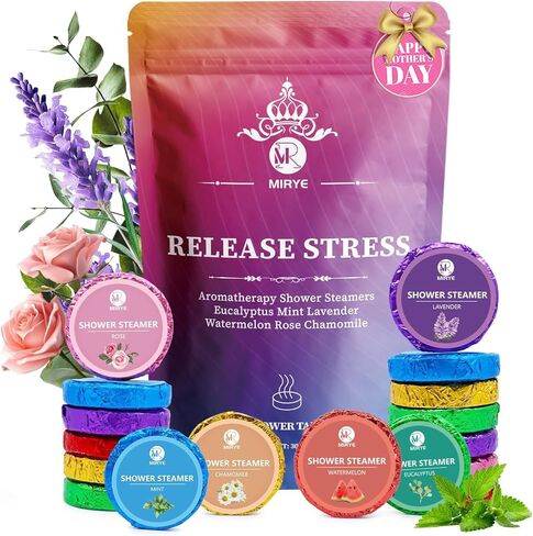 MR MIRYE Shower Steamers Aromatherapy for Women or Men, Organic with Chamomile Rose Lavender Mint Watermelon Eucalyptus Essential Oil, 18-Pack Shower Bombs Birthday Gift in Saudi Arabia