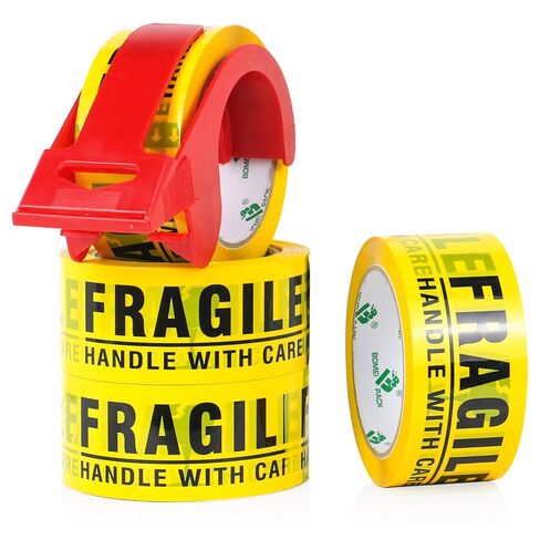 BOMEI PACK Fragile Tape 2 Inch x 180 Feet (60 Yards) 4 Rolls, Yellow Fragiles Tape Handle with Care for Shipping with Dispenser, Heavy Duty Marking Tape for Moving Box in Saudi Arabia
