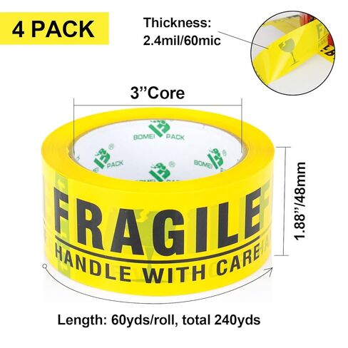 BOMEI PACK Fragile Tape 2 Inch x 180 Feet (60 Yards) 4 Rolls, Yellow Fragiles Tape Handle with Care for Shipping with Dispenser, Heavy Duty Marking Tape for Moving Box in Saudi Arabia