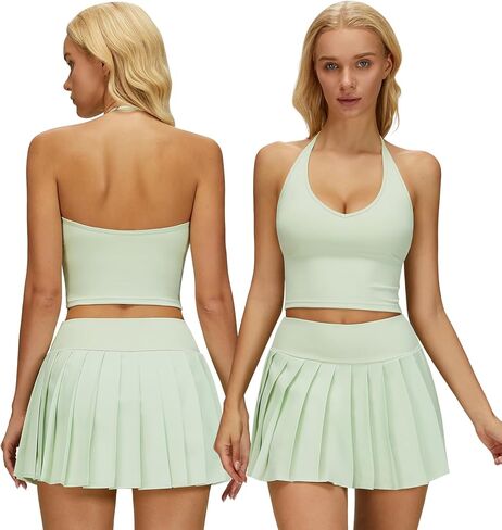 ABOCIW Womens Tennis Skirts Sets 2 Workout Sets Golf Outfits Halter Crop Tank Pleated Tennis Skirts with Shorts in Saudi Arabia