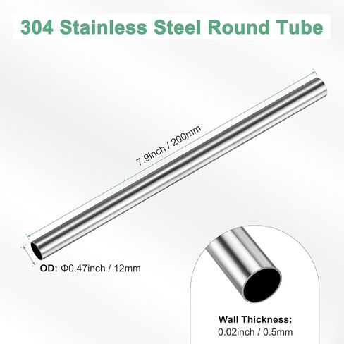 M METERXITY 1-Pack 200mm 304 أنبوب من الفولاذ المقاوم للصدأ، 12 مم OD 0.5 مم سمك الجدار أنابيب من الفولاذ المقاوم للصدأ غير الملحومة للبناء/التصنيع/الصياغة اليدوية، أنبوب معدني مستقيم [0.47x0.02x7.9IN] in Kuwait