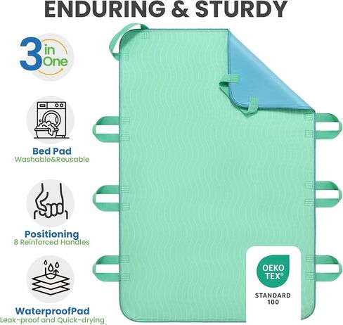 Reusable Incontinence Bed Pad with 8 Reinforced Handles, Waterproof, Washable, Quick-Drying, Green, 34" x 52", Pack of 1 in Saudi Arabia
