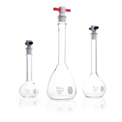 Kimax 28014F-100 زجاج البورسليكات 100 مل، +/- 0.08 مل، مستدير مع قارورة حجمية مسطحة القاع من الفئة أ، مع سدادة PTFE مرمزة بالألوان (عبوة من 6 قطع) in Kuwait