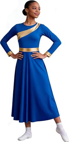 MOLLDAN Long Sleeve Praise Dance Dress for Women Metallic Liturgical Church Worship Fit Full Length,Breathable Lined in Saudi Arabia