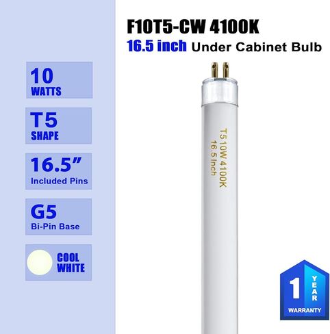 T5 10 وات F10T5/CW لمبة إضاءة 16 بوصة تحت أضواء الخزانة بيضاء باردة، T5 10W لمبة فلورسنت متوافقة مع تركيبات الإضاءة جاسكو، فيليبس، سيلفانيا، قاعدة 900 لومن G5، 4 عبوات in Kuwait