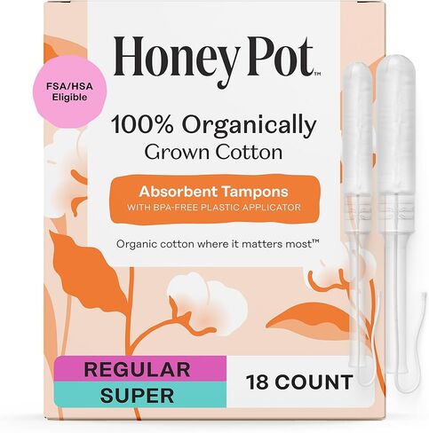The Honey Pot Company - عبوات متعددة - سدادات قطنية عضوية 100% مع أداة توزيع بلاستيكية حيوية - امتصاص عادي وفائق - غير معطرة - عناية أنثوية - 54 قطعة (3 عبوات من 18 قطعة) in Kuwait
