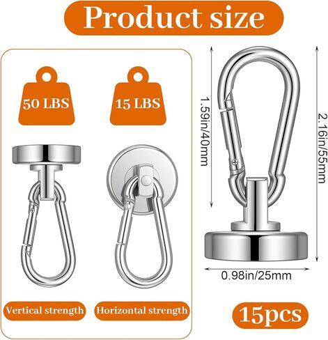 15 Pack Magnetic Carabiner Hooks Heavy Duty, 50LBS Strong Magnet Hooks with Swivel for Garage Door Banner Magnets, Storage, Kitchen, Cruise - 1 Inch Neodymium in Saudi Arabia
