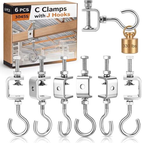 Moxweyeni 6 Sets 1 Inch 304 Stainless Steel C Clamps with J Hooks Heavy Duty I Beam Clamp with Hook 330lbs Load Capacity, Screw Threaded Hanger for Garage Ceiling Workshop Truss in Saudi Arabia
