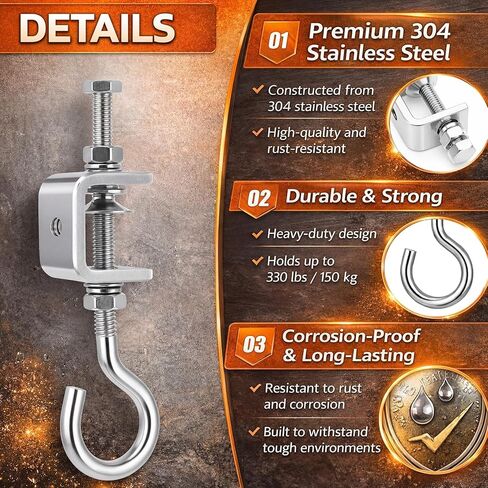 Moxweyeni 6 Sets 1 Inch 304 Stainless Steel C Clamps with J Hooks Heavy Duty I Beam Clamp with Hook 330lbs Load Capacity, Screw Threaded Hanger for Garage Ceiling Workshop Truss in Saudi Arabia