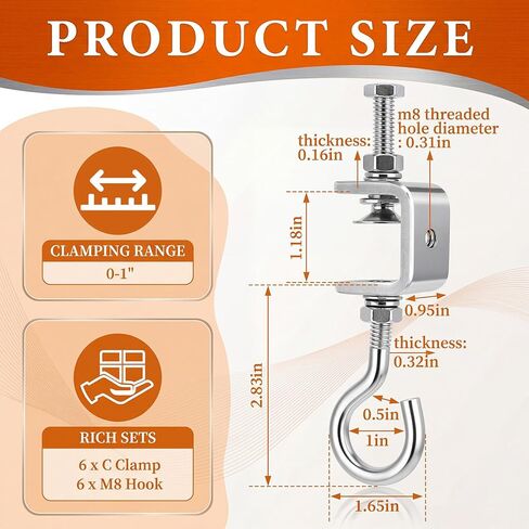 Moxweyeni 6 Sets 1 Inch 304 Stainless Steel C Clamps with J Hooks Heavy Duty I Beam Clamp with Hook 330lbs Load Capacity, Screw Threaded Hanger for Garage Ceiling Workshop Truss in Saudi Arabia