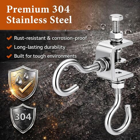 Moxweyeni 6 Sets 1 Inch 304 Stainless Steel C Clamps with J Hooks Heavy Duty I Beam Clamp with Hook 330lbs Load Capacity, Screw Threaded Hanger for Garage Ceiling Workshop Truss in Saudi Arabia