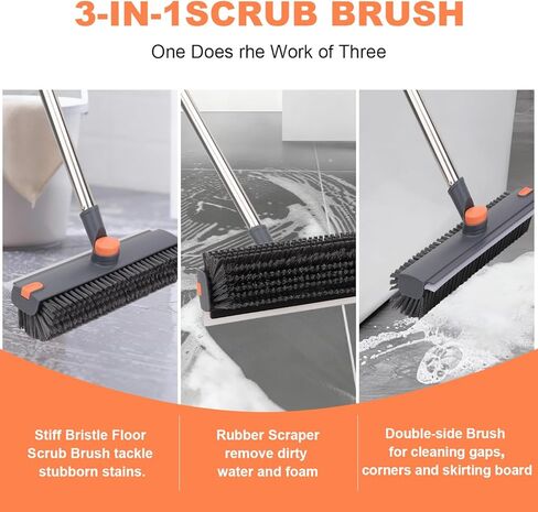 Floor Scrub Brush with 64" Long Handle - 360° Swivel Heads Household Push Brush with Squeegee and Right Angled Bristle for Cleaning Concrete Floors Grout Gardens Patio Deck Concrete Garage Heavy Duty in Saudi Arabia