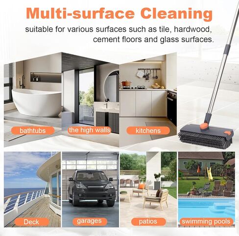 Floor Scrub Brush with 64" Long Handle - 360° Swivel Heads Household Push Brush with Squeegee and Right Angled Bristle for Cleaning Concrete Floors Grout Gardens Patio Deck Concrete Garage Heavy Duty in Saudi Arabia