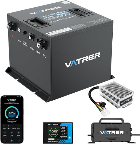 48V Lithium Golf Cart Battery, Built-in 200A BMS, with 18A Charger, 48V-12V Converter, Touch Monitor & Mobile APP, 4000+ Cycles 105Ah Lithium Battery, Max 10.24kW Power Output, Perfect for Golf Carts in Saudi Arabia