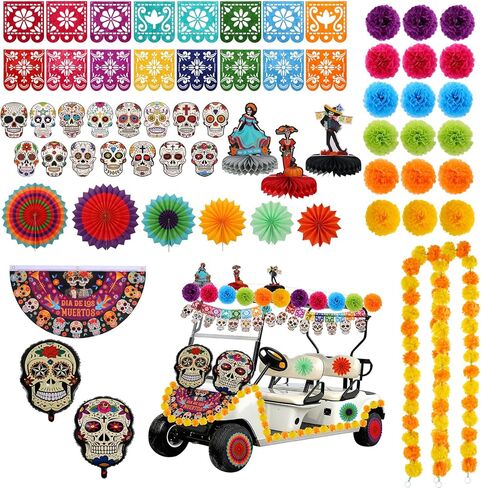 36 Pcs Day of The Dead Golf Cart Decoration Kit Mexican Party Banners Marigold Garland Hanging Paper Fans Banners and Pom Poms Honeycomb Centerpieces for Dia De Los Muertos Party Decor in Saudi Arabia