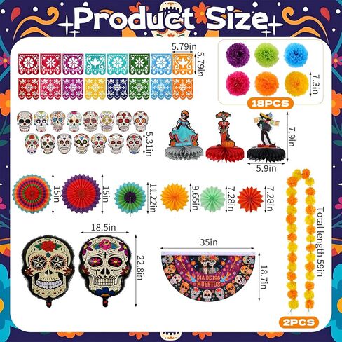 36 Pcs Day of The Dead Golf Cart Decoration Kit Mexican Party Banners Marigold Garland Hanging Paper Fans Banners and Pom Poms Honeycomb Centerpieces for Dia De Los Muertos Party Decor in Saudi Arabia